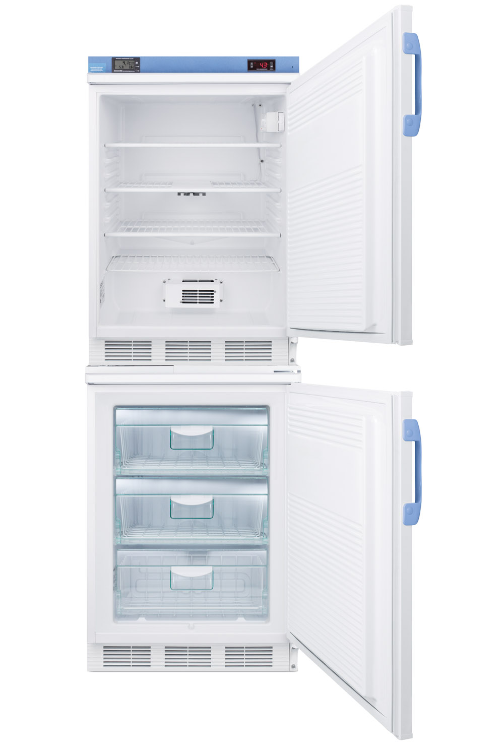 Stacked combination of FF7LWBIMED2 auto defrost all-refrigerator and VT65MLBIMED2 manual defrost -25 C all-freezer, both with locks, digital controls, and NIST calibrated alarm/thermometers